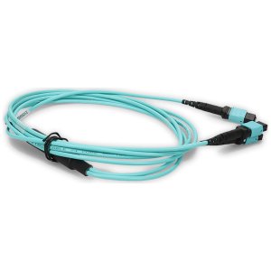 35m 4xMPO-16 (Female) to MPO (Female) 16-strand Aqua OM4 Crossover OFNR (Riser-Rated) Fiber Fanout Cable