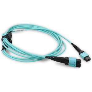 35m 4xMPO-16 (Female) to MPO (Female) 16-strand Aqua OM4 Crossover OFNR (Riser-Rated) Fiber Fanout Cable