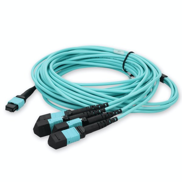 3m 4xMPO-16 (Female) to MPO (Female) 16-strand Aqua OM4 Crossover OFNR (Riser-Rated) Fiber Fanout Cable