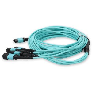 3m 4xMPO-16 (Female) to MPO (Female) 16-strand Aqua OM4 Crossover OFNR (Riser-Rated) Fiber Fanout Cable