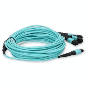 5m 4xMPO-16 (Female) to MPO (Female) 16-strand Aqua OM4 Crossover OFNR (Riser-Rated) Fiber Fanout Cable