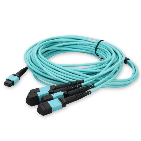 7m 4xMPO-16 (Female) to MPO (Female) 16-strand Aqua OM4 Crossover OFNR (Riser-Rated) Fiber Fanout Cable