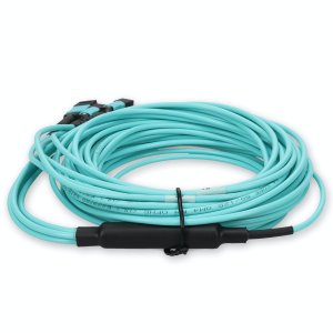 7m 4xMPO-16 (Female) to MPO (Female) 16-strand Aqua OM4 Crossover OFNR (Riser-Rated) Fiber Fanout Cable