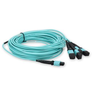 7m 4xMPO-16 (Female) to MPO (Female) 16-strand Aqua OM4 Crossover OFNR (Riser-Rated) Fiber Fanout Cable