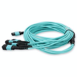 9m 4xMPO-16 (Female) to MPO (Female) 16-strand Aqua OM4 Crossover OFNR (Riser-Rated) Fiber Fanout Cable