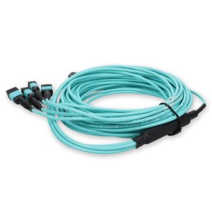 9m 4xMPO-16 (Female) to MPO (Female) 16-strand Aqua OM4 Crossover OFNR (Riser-Rated) Fiber Fanout Cable