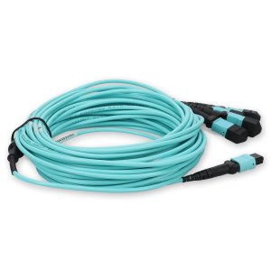 9m 4xMPO-16 (Female) to MPO (Female) 16-strand Aqua OM4 Crossover OFNR (Riser-Rated) Fiber Fanout Cable