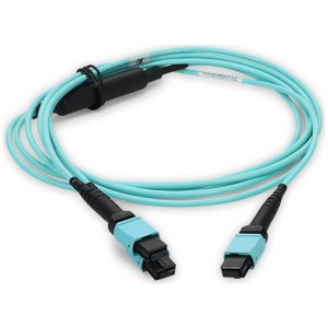 9m 2xMPO-16 (Female) to MPO (Female) 24-strand Aqua OM4 Crossover OFNR (Riser-Rated) Fiber Fanout Cable