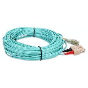 15m SC (Male) to LC (Male) Aqua OM4 Duplex Fiber OFNR (Riser-Rated) Miniboot Patch Cable with Serialized Labels