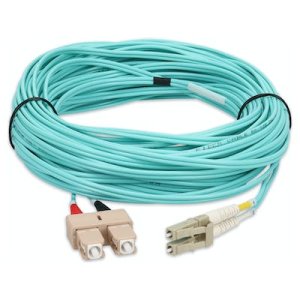 15m SC (Male) to LC (Male) Aqua OM4 Duplex Fiber OFNR (Riser-Rated) Miniboot Patch Cable with Serialized Labels