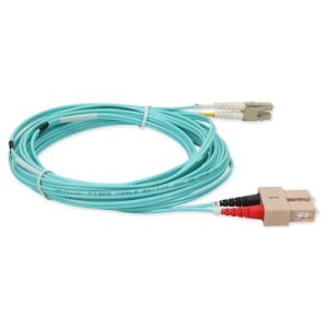 5m SC (Male) to LC (Male) Aqua OM4 Duplex Fiber OFNR (Riser-Rated) Miniboot Patch Cable with Serialized Labels