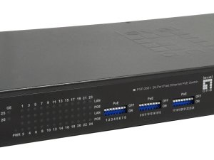 LevelOne 26-Port Fast Ethernet PoE Switch, 24 PoE Outputs, 2 x Gigabit RJ45, 150W