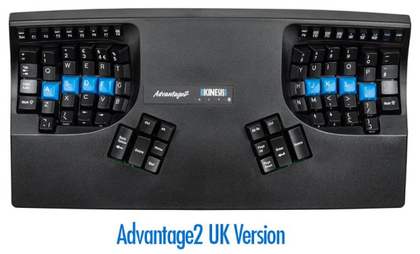 A Kinesis product the Advantage2 Keyboard is a UK Layout black USB connected contoured keyboard